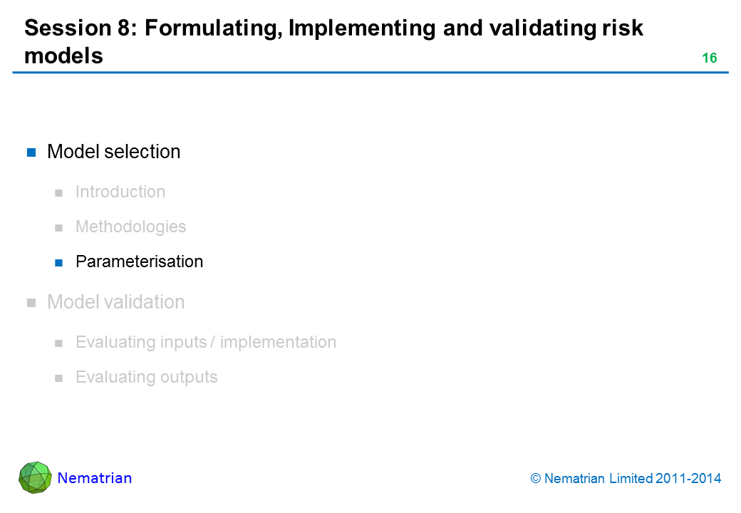 Bullet points include: Model selection Parameterisation
